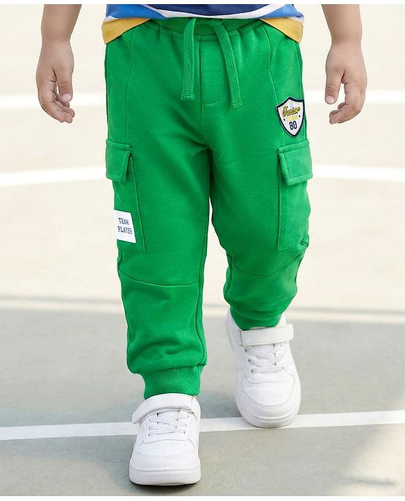 Babyhug French Terry Knit Full Length Lounge Pant With Text Print - Green