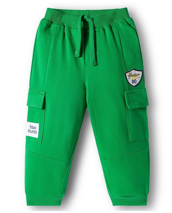 Babyhug French Terry Knit Full Length Lounge Pant With Text Print - Green