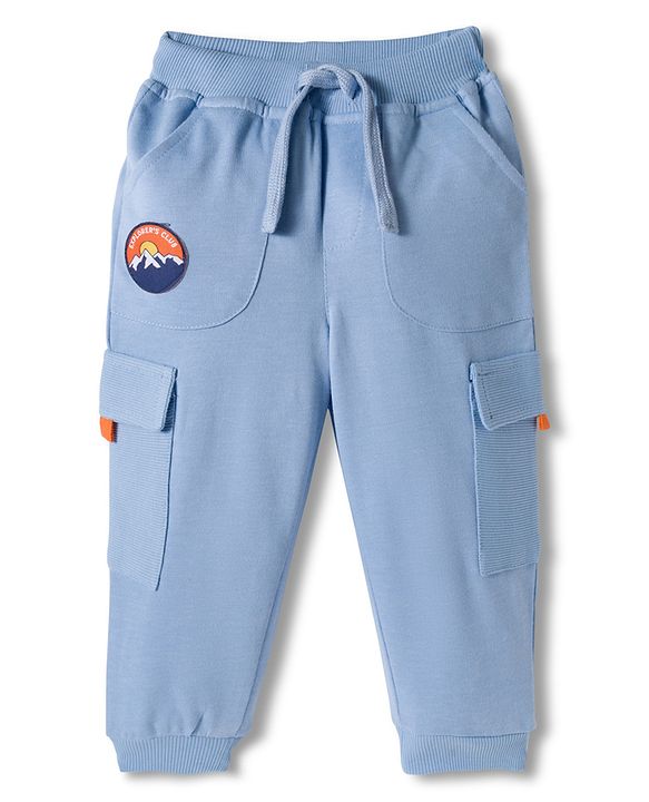 Babyhug French Terry Knit Full Length Lounge Pant With Text Patch - Light Blue