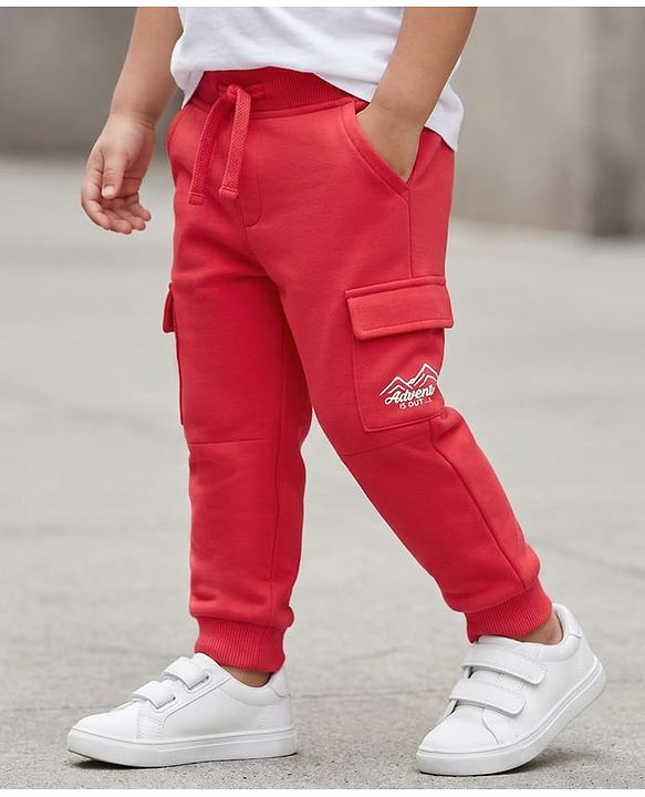 Babyhug French Terry Knit Full Length Lounge Pant with Adventure Text Print & Pockets - Red
