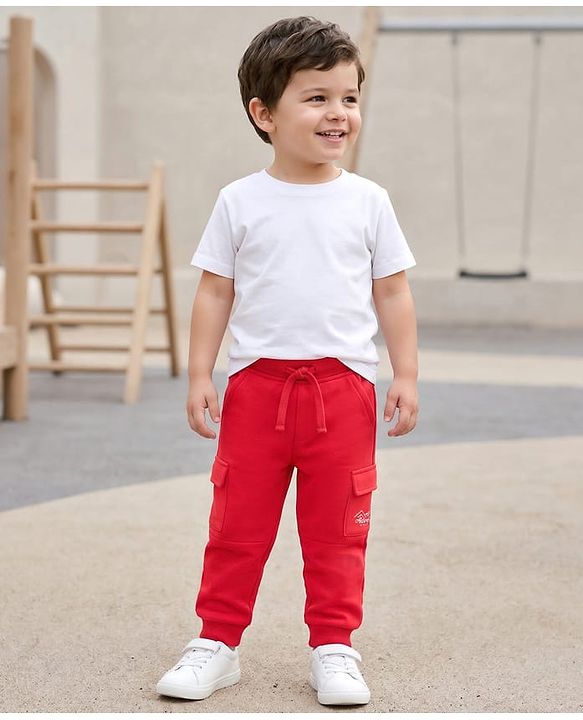 Babyhug French Terry Knit Full Length Lounge Pant with Adventure Text Print & Pockets - Red