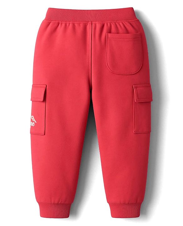 Babyhug French Terry Knit Full Length Lounge Pant with Adventure Text Print & Pockets - Red