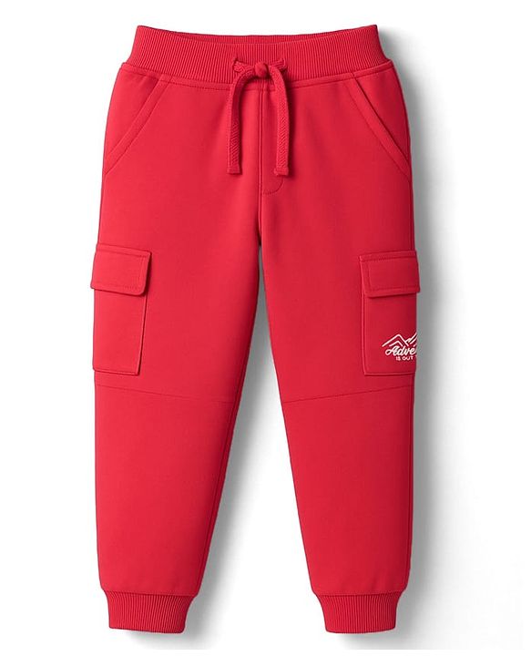 Babyhug French Terry Knit Full Length Lounge Pant with Adventure Text Print & Pockets - Red