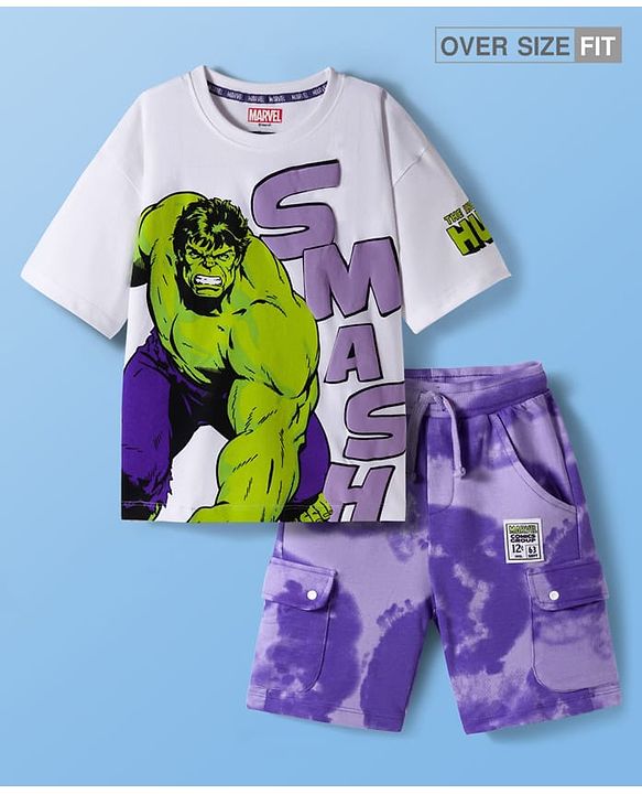Pine Kids Marvel Single Jersey Knit Full Sleeves Drop Shoulder Oversized T-Shirt & Shorts Set With Avengers Hulk Graphics - White