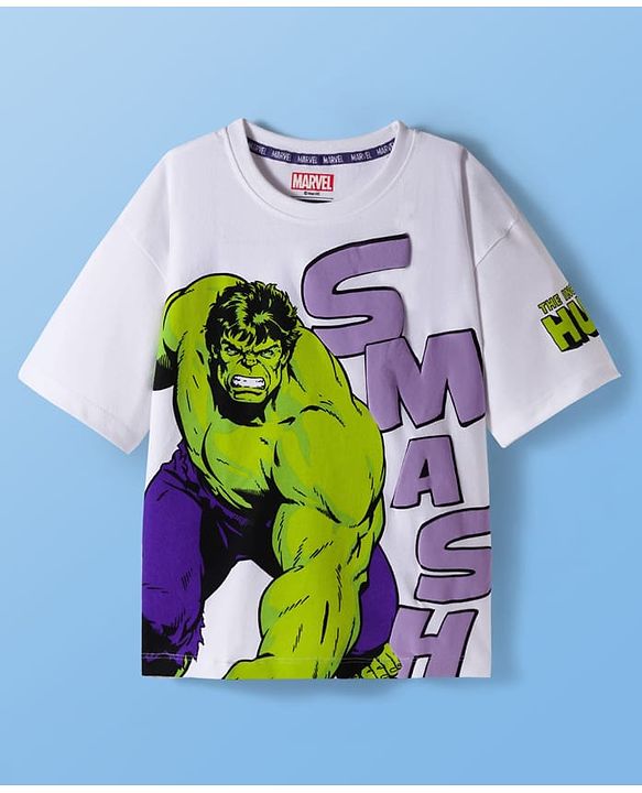 Pine Kids Marvel Single Jersey Knit Full Sleeves Drop Shoulder Oversized T-Shirt & Shorts Set With Avengers Hulk Graphics - White
