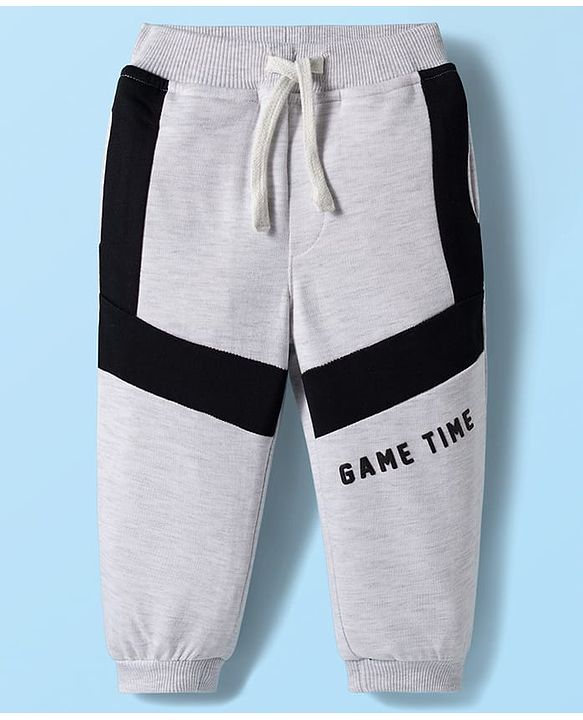 Babyhug French Terry Knit Full Length Lounge Pant with Game Time Text Print - Grey