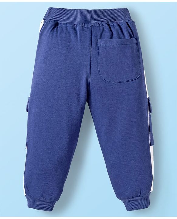 Babyhug French Terry Knit Full Length Track Pants with Pockets & Fun Times Text Print - Navy Blue