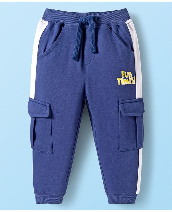 Babyhug French Terry Knit Full Length Track Pants with Pockets & Fun Times Text Print - Navy Blue