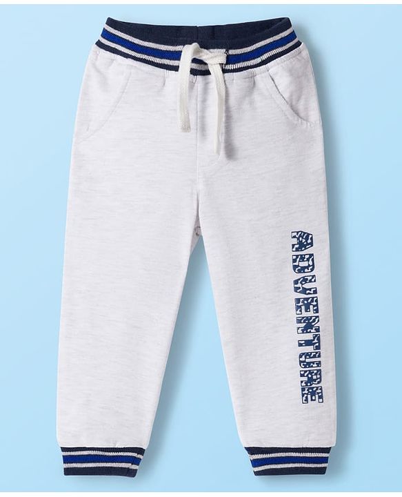 Babyhug French Terry Knit Full Length Lounge Pant With Text Print - Grey