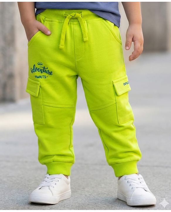 Babyhug French Terry Knit Full Length Track Pants with Pockets & Adventure Awaits Text Print - Limegreen