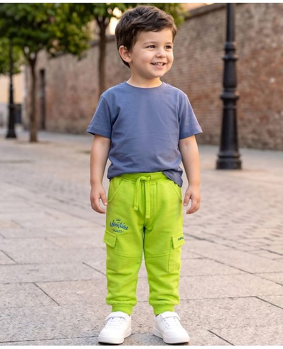 Babyhug French Terry Knit Full Length Track Pants with Pockets & Adventure Awaits Text Print - Limegreen