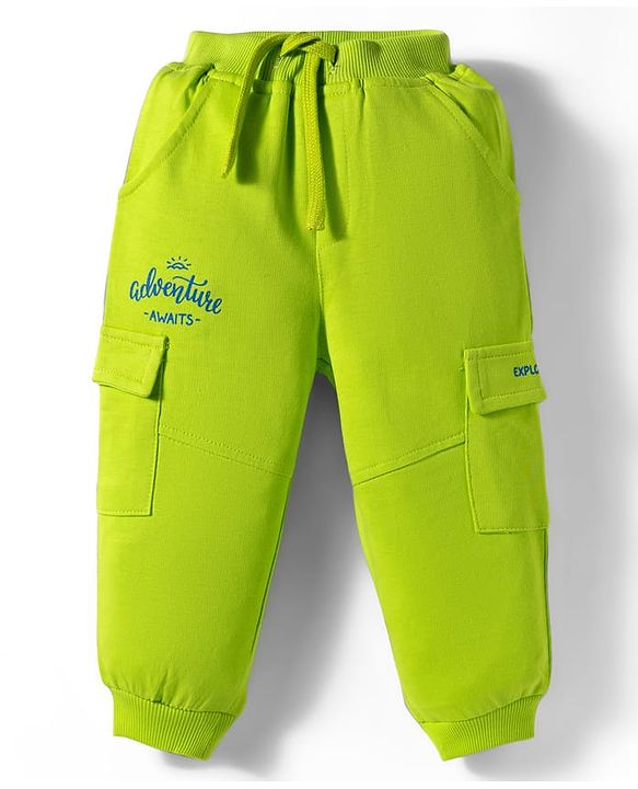 Babyhug French Terry Knit Full Length Track Pants with Pockets & Adventure Awaits Text Print - Limegreen