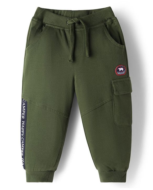 Babyhug French Terry Knit Full Length Lounge Pant with Text Patch Detailing - Green
