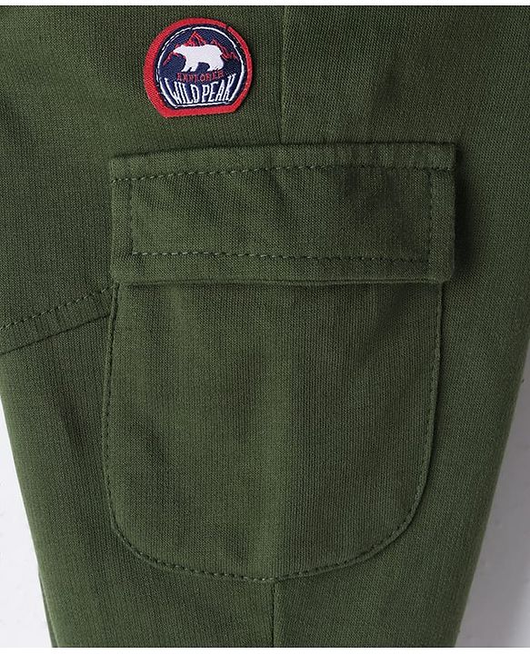 Babyhug French Terry Knit Full Length Lounge Pant with Text Patch Detailing - Green