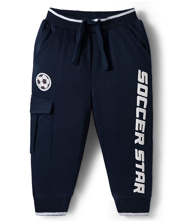 Babyhug French Terry Knit Full Length Lounge Pant with Text Print - Navy Blue