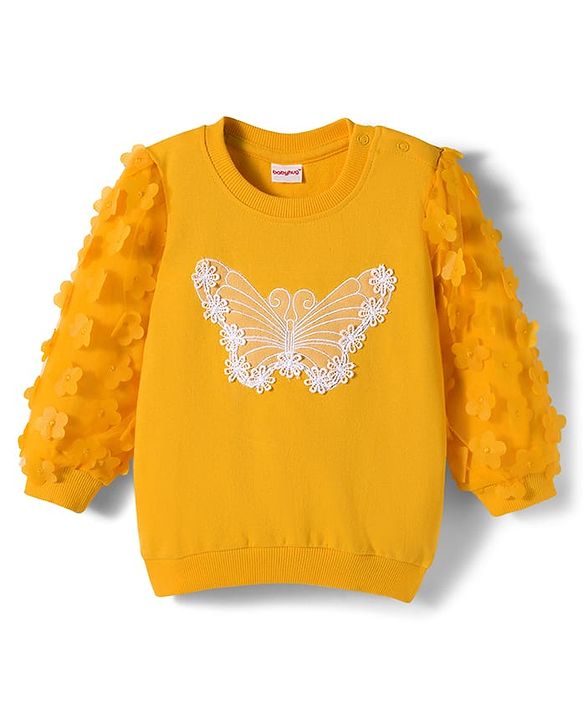 Babyhug Cotton Knit Full Sleeves Sweatshirt With Floral Applique - Yellow