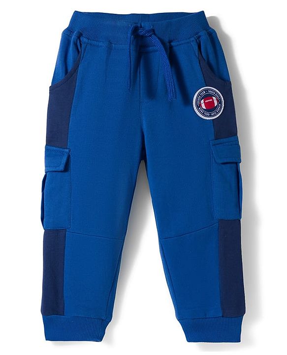 Babyhug French Terry Knit Full Length Lounge Pant With Text Patch - Blue
