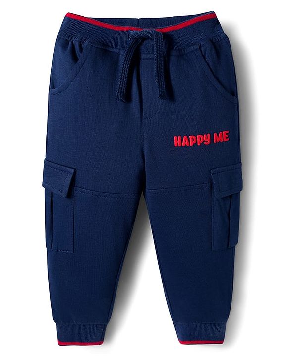 Babyhug French Terry Knit Full Length Lounge Pant With Text Embroidery - Navy Blue