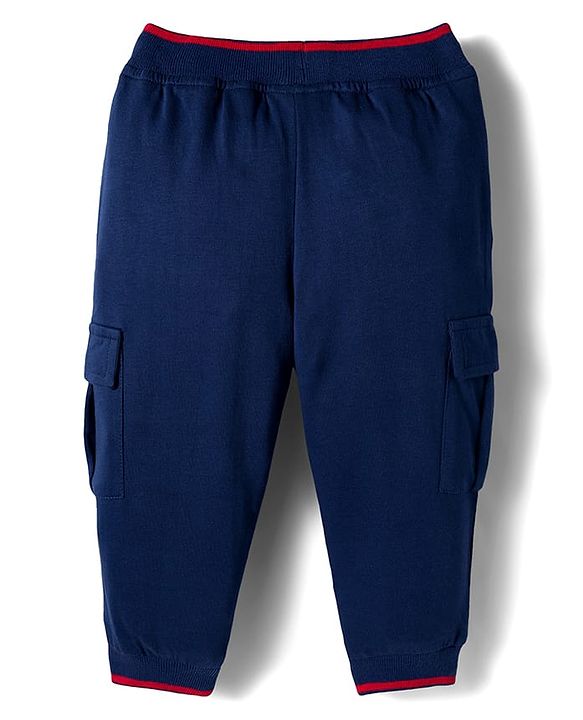 Babyhug French Terry Knit Full Length Lounge Pant With Text Embroidery - Navy Blue