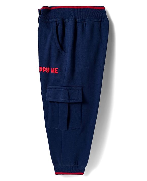 Babyhug French Terry Knit Full Length Lounge Pant With Text Embroidery - Navy Blue