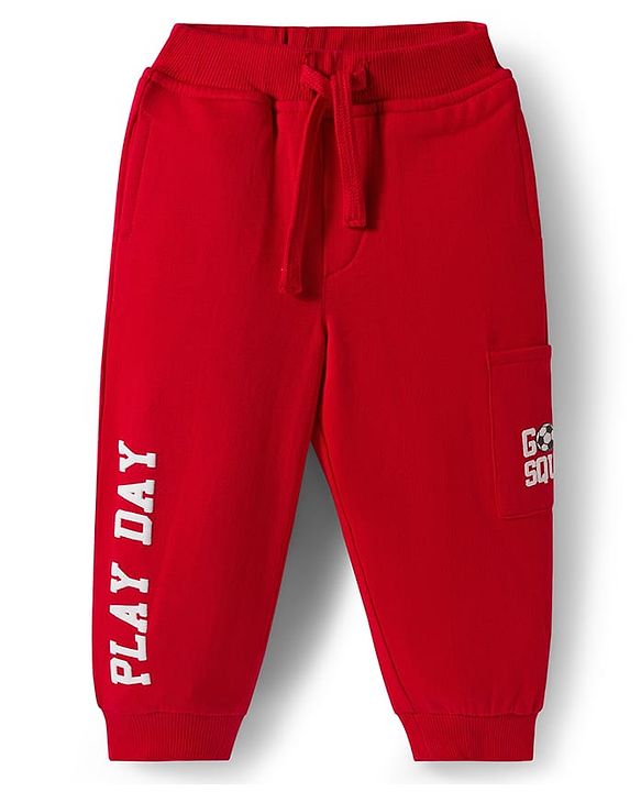 Babyhug French Terry Knit Full Length Lounge Pant with Play Day Text Print - Red