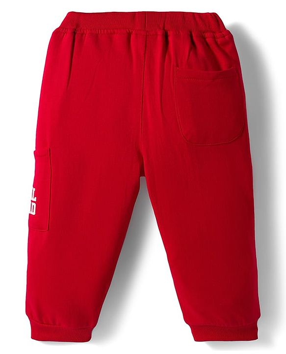 Babyhug French Terry Knit Full Length Lounge Pant with Play Day Text Print - Red