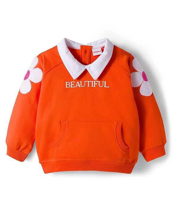 Babyhug 100% Cotton Knit Raglan Full Sleeves Sweatshirt With Floral Embroidery & Text Print - Orange