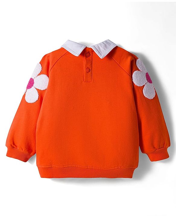 Babyhug 100% Cotton Knit Raglan Full Sleeves Sweatshirt With Floral Embroidery & Text Print - Orange