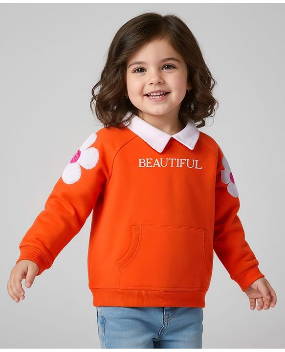 Babyhug 100% Cotton Knit Raglan Full Sleeves Sweatshirt With Floral Embroidery & Text Print - Orange