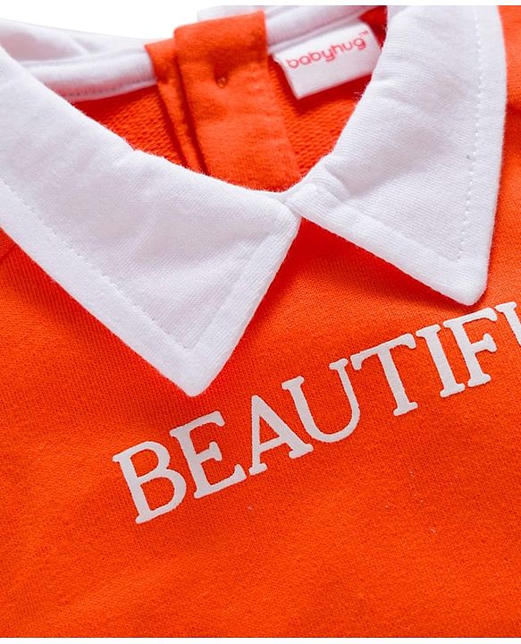 Babyhug 100% Cotton Knit Raglan Full Sleeves Sweatshirt With Floral Embroidery & Text Print - Orange