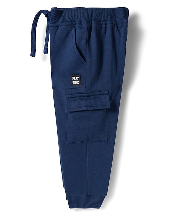 Babyhug French Terry Knit Full Length Lounge Pant with Patch - Navy Blue