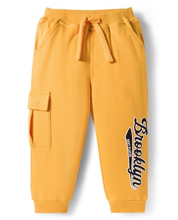 Babyhug French Terry Knit Full Length Lounge Pant With Text Print - Yellow