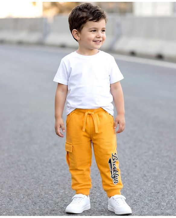 Babyhug French Terry Knit Full Length Lounge Pant With Text Print - Yellow