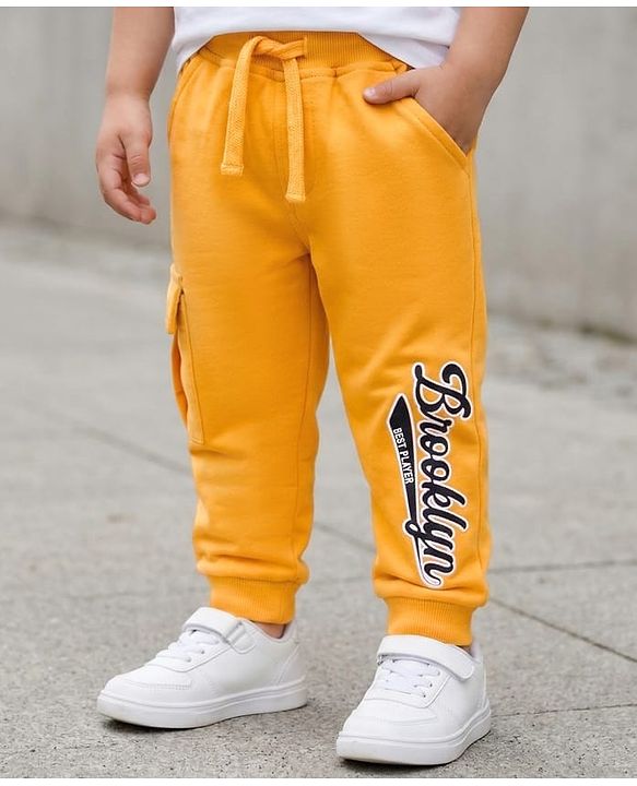 Babyhug French Terry Knit Full Length Lounge Pant With Text Print - Yellow