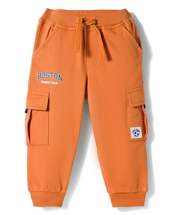 Babyhug Terry Knit Full Length Lounge Pant With Text Print - Orange