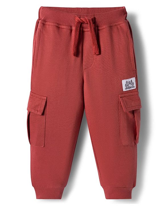 Babyhug French Terry Knit Full Length Lounge Pant With Text Patch - Brown