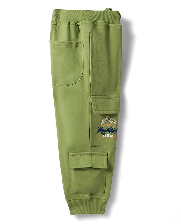 Babyhug French Terry Knit Full Length Lounge Pant with Text Embroidery - Olive Green