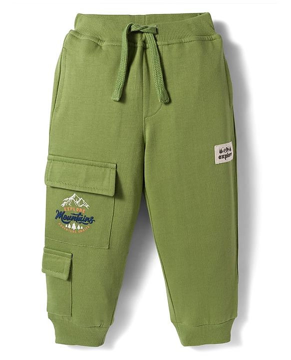 Babyhug French Terry Knit Full Length Lounge Pant with Text Embroidery - Olive Green