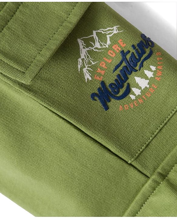 Babyhug French Terry Knit Full Length Lounge Pant with Text Embroidery - Olive Green