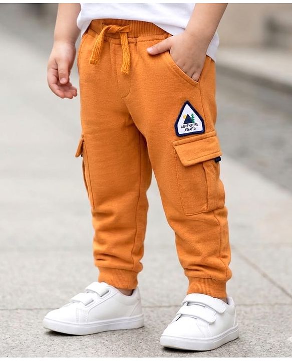 Babyhug French Terry Knit Full Length Lounge Pant With Text Patch - Brown