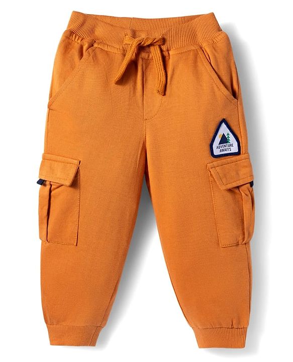 Babyhug French Terry Knit Full Length Lounge Pant With Text Patch - Brown