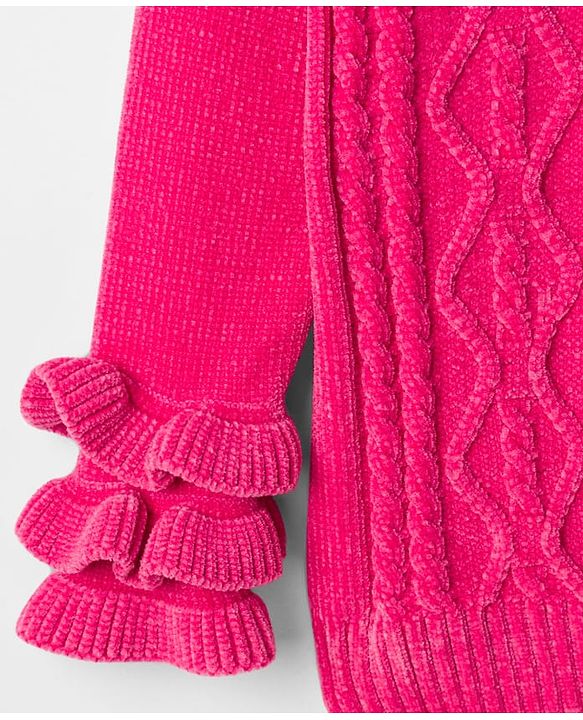 Babyhug Knit Full Sleeves Pullover Sweater with Cable Knit Design & Frill Detailing - Dark Pink