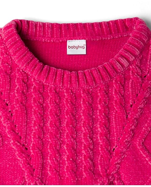Babyhug Knit Full Sleeves Pullover Sweater with Cable Knit Design & Frill Detailing - Dark Pink