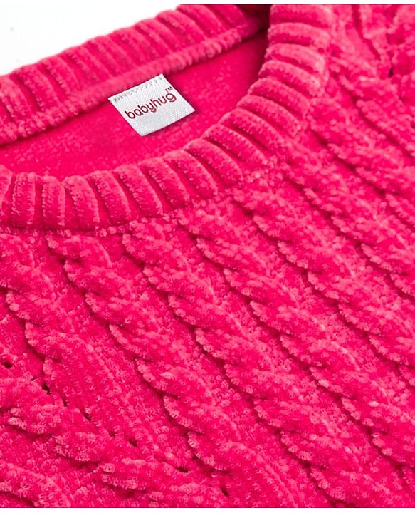 Babyhug Knit Full Sleeves Pullover Sweater with Cable Knit Design & Frill Detailing - Dark Pink