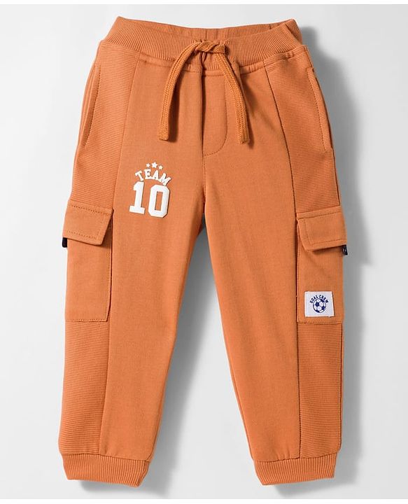 Babyhug French Terry Knit Full Length Lounge Pant with Text & Number Print - Brown
