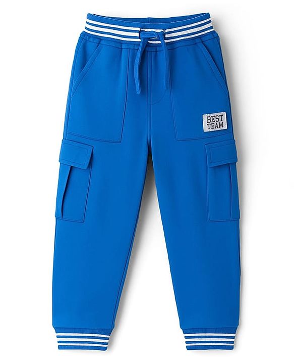 Babyhug French Terry Knit Full Length Lounge Pant With Text Badge - Blue