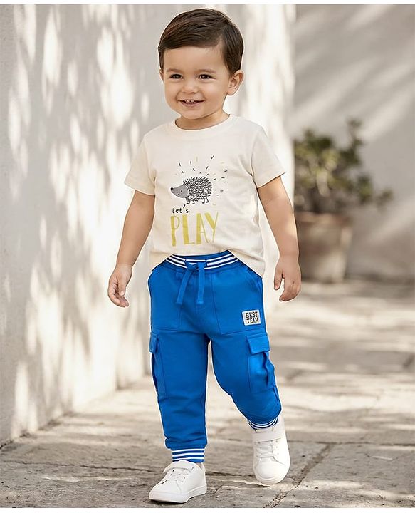 Babyhug French Terry Knit Full Length Lounge Pant With Text Badge - Blue