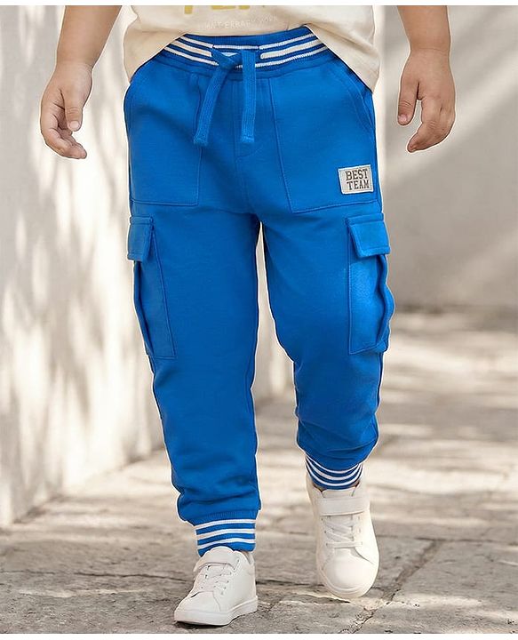 Babyhug French Terry Knit Full Length Lounge Pant With Text Badge - Blue