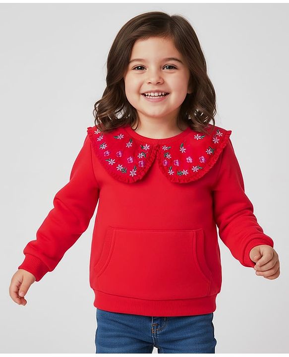 Babyhug Cotton Knit Full Sleeves Sweatshirt with Peter Pan Collar Floral Embroidery & Kangaroo Pocket - Red