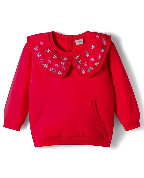 Babyhug Cotton Knit Full Sleeves Sweatshirt with Peter Pan Collar Floral Embroidery & Kangaroo Pocket - Red